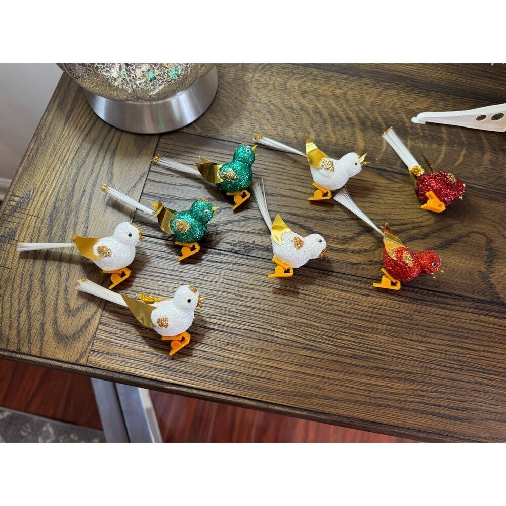 8 vintage glitter birds Christmas tree clip on ornaments
